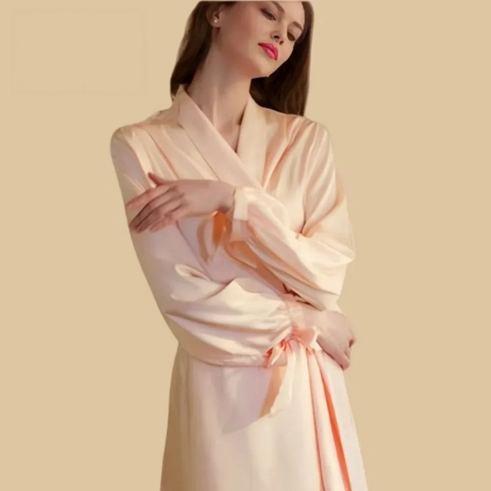100% Mulberry Silk 22Momme Long Kimono Robe with Belt and Bow Sleeve