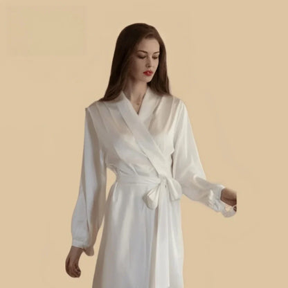 100% Mulberry Silk 22Momme Long Kimono Robe with Belt and Bow Sleeve