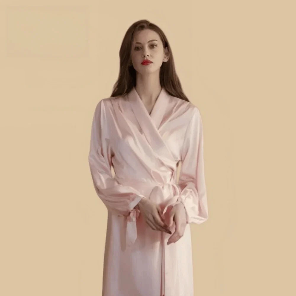 100% Mulberry Silk 22Momme Long Kimono Robe with Belt and Bow Sleeve