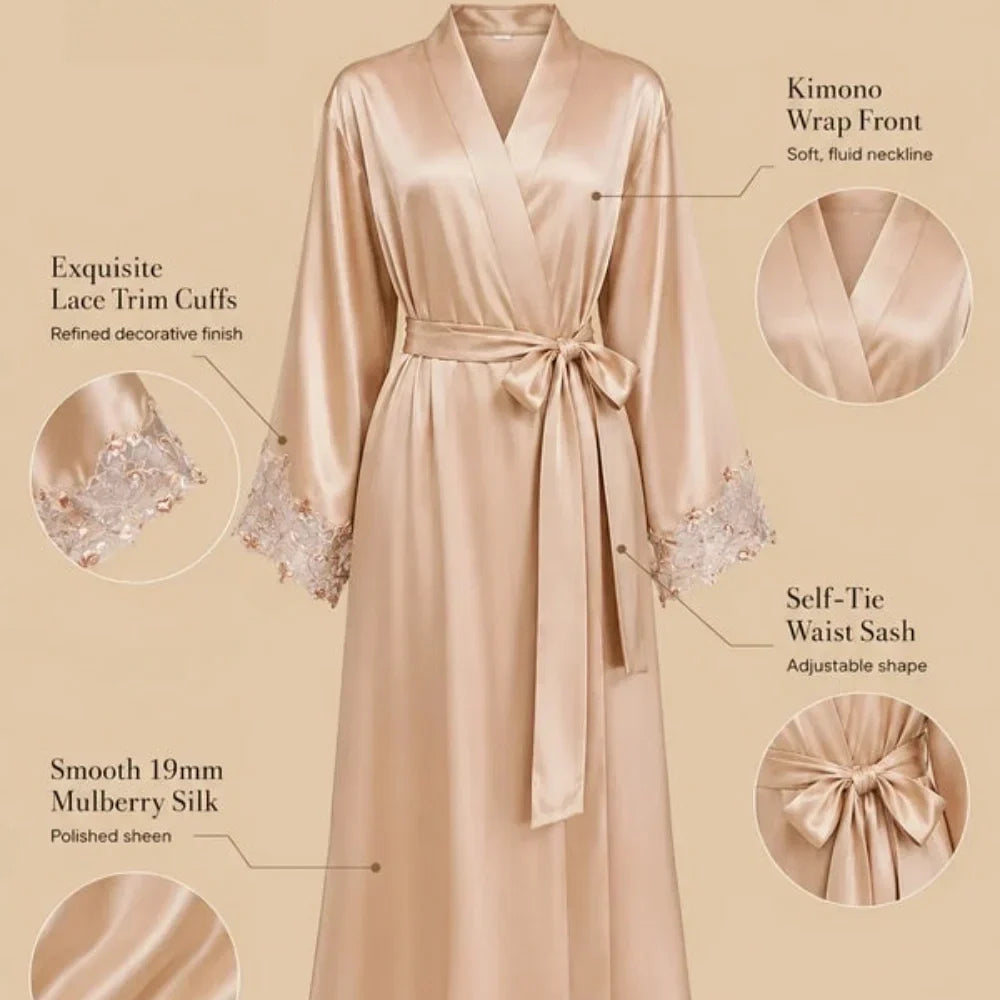 100% Mulberry Silk 19Momme Midi Kimono Robe &amp; Nightgown with Lace Design