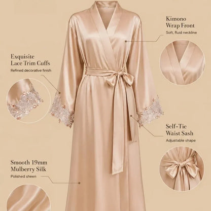 100% Mulberry Silk 19Momme Midi Kimono Robe &amp; Nightgown with Lace Design