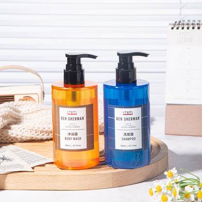 two bottles of BEN SHERMAN hotel shampoo and shower gel.