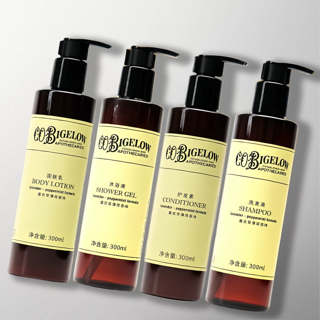 four bottles of C.O. BIGELOW hotel toiletries.