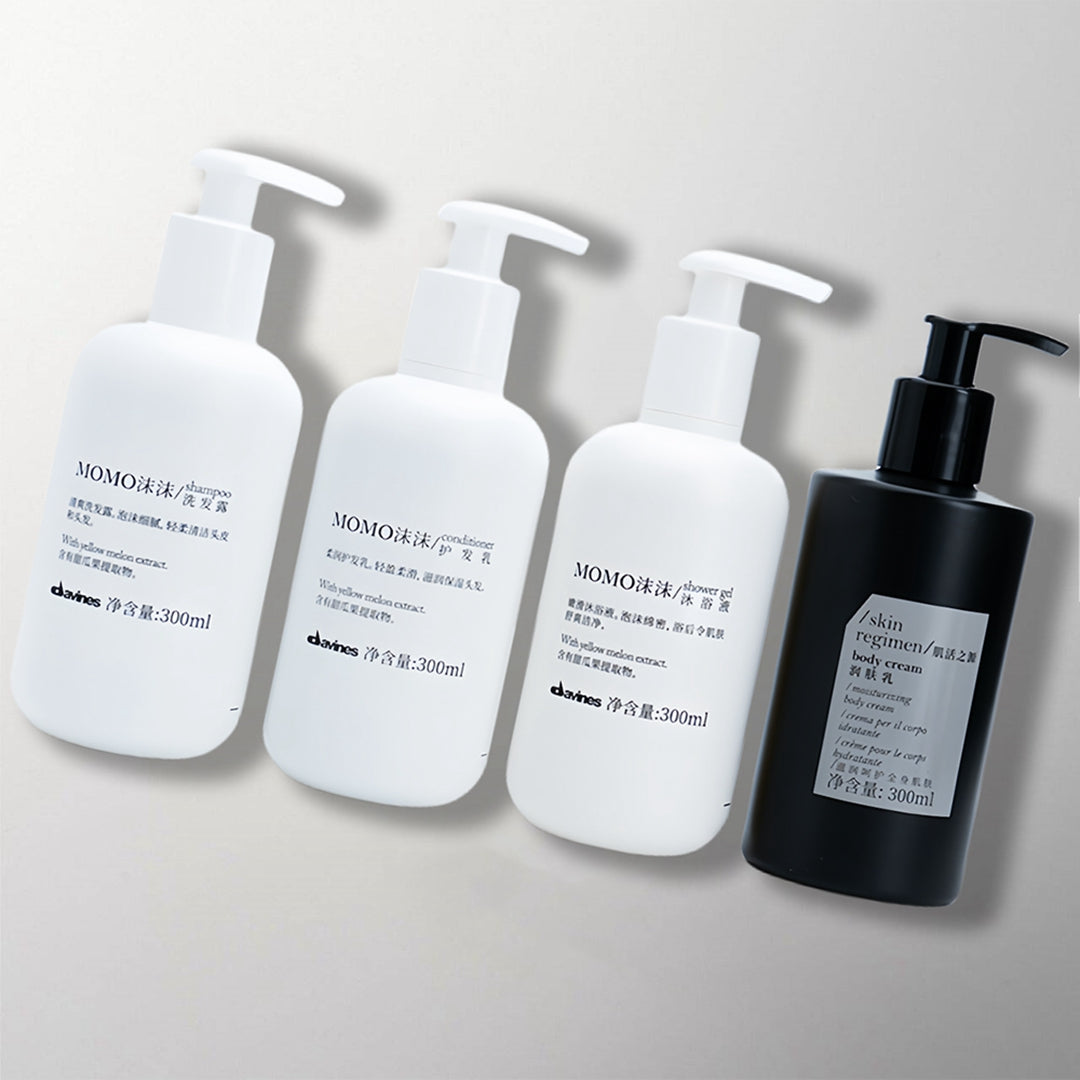 four bottles of MOMO toiletries for W Hotel.