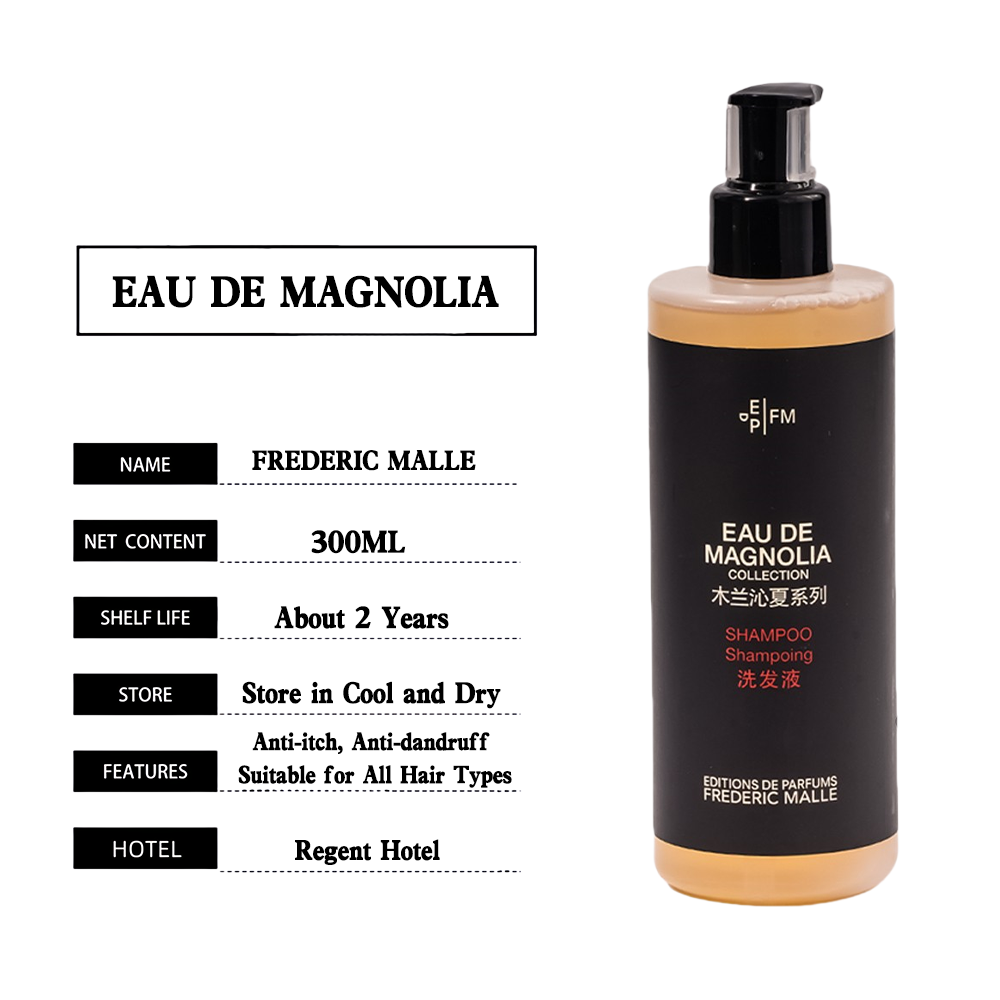 right side one bottle of  EAU_DE_MAGNOLIA shampoo, left side about the shampoo features.