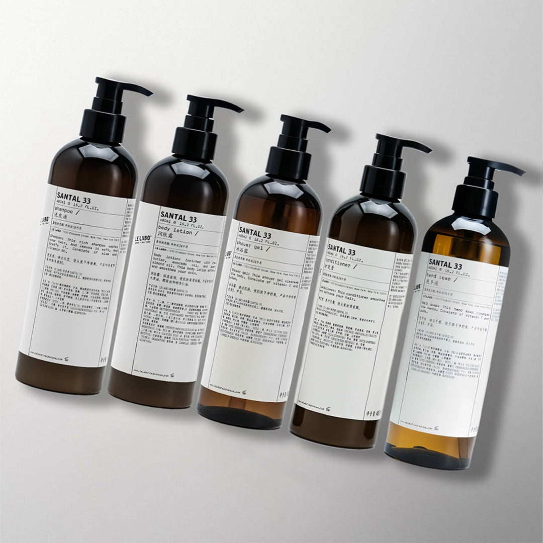 5 bottles of santal 33 hotel toiletries.