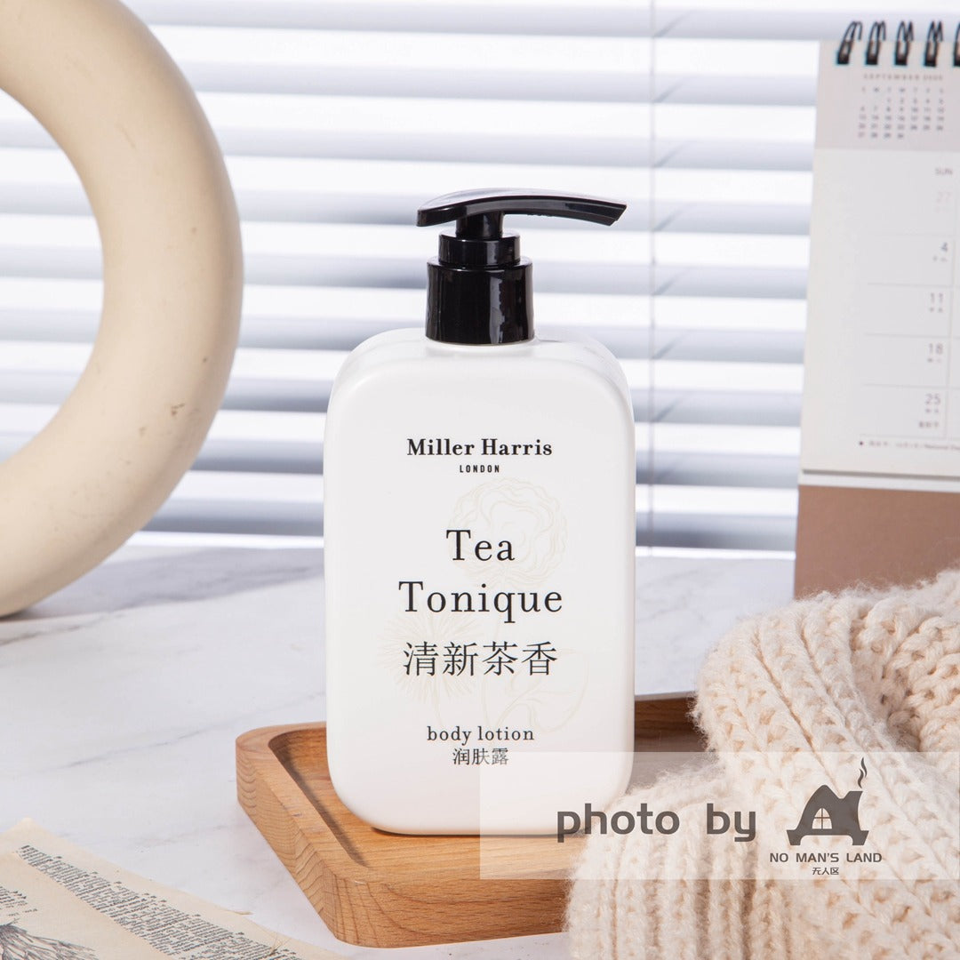 one bottle of Miller Harris body lotion displayed on the tray.