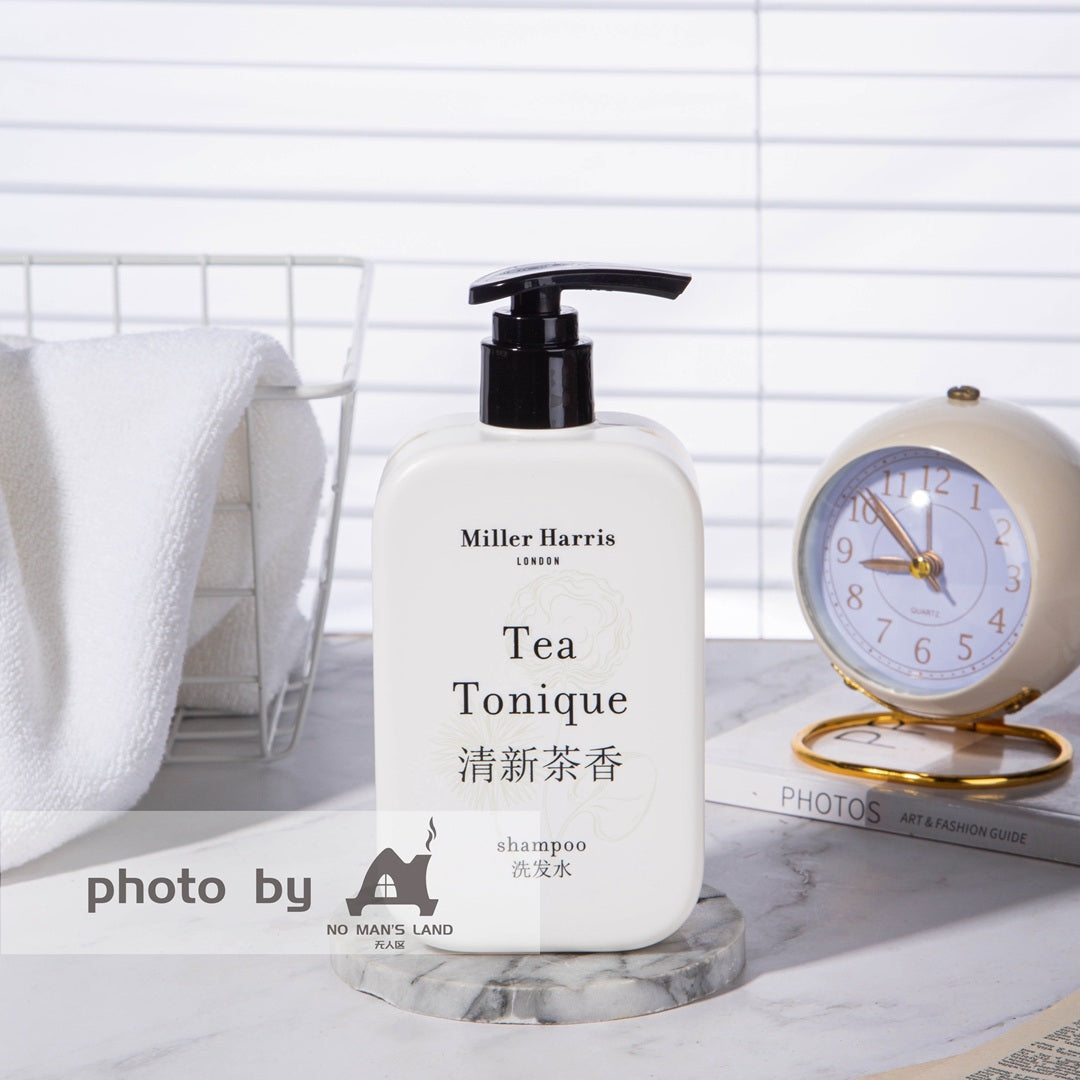 one bottle of Miller Harris shampoo displayed on the tray.