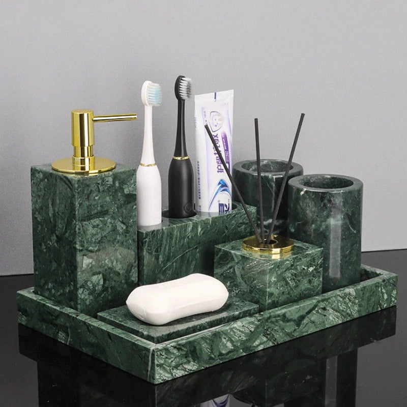 Verde Guatemala Marble and Brass Bathroom Collection