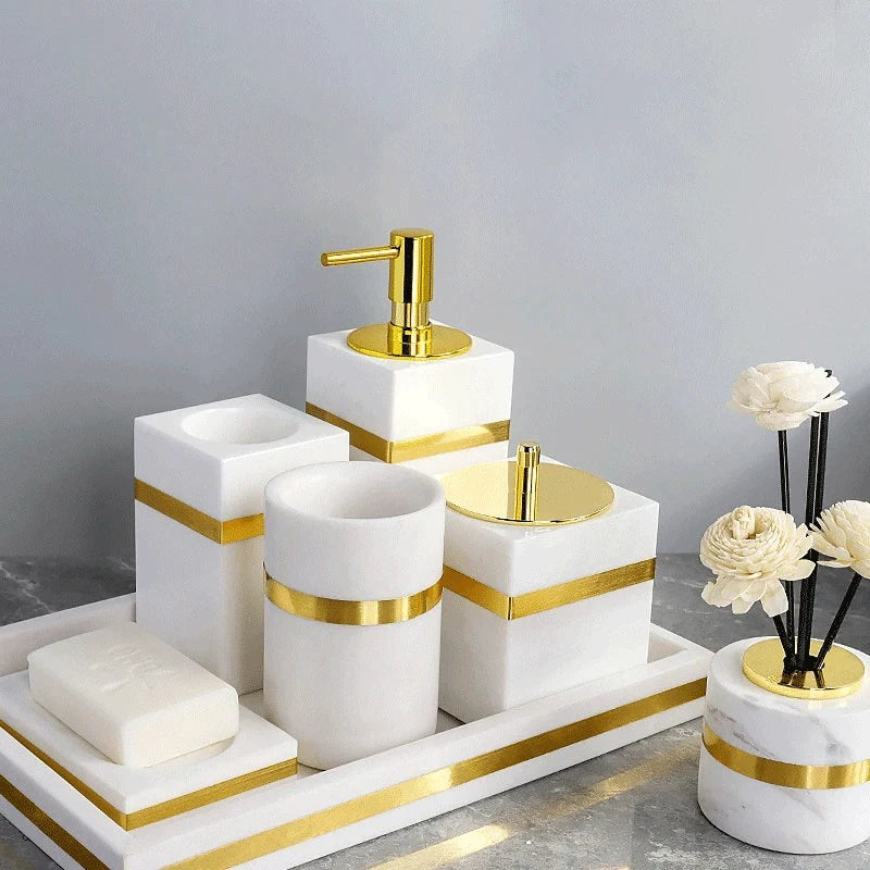 White Marble and Brass Bathroom Collection